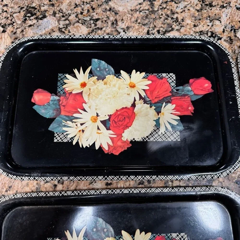 Vintage Mid-Century Red Roses White Daisies Black Metal Serving Trays Set of 4